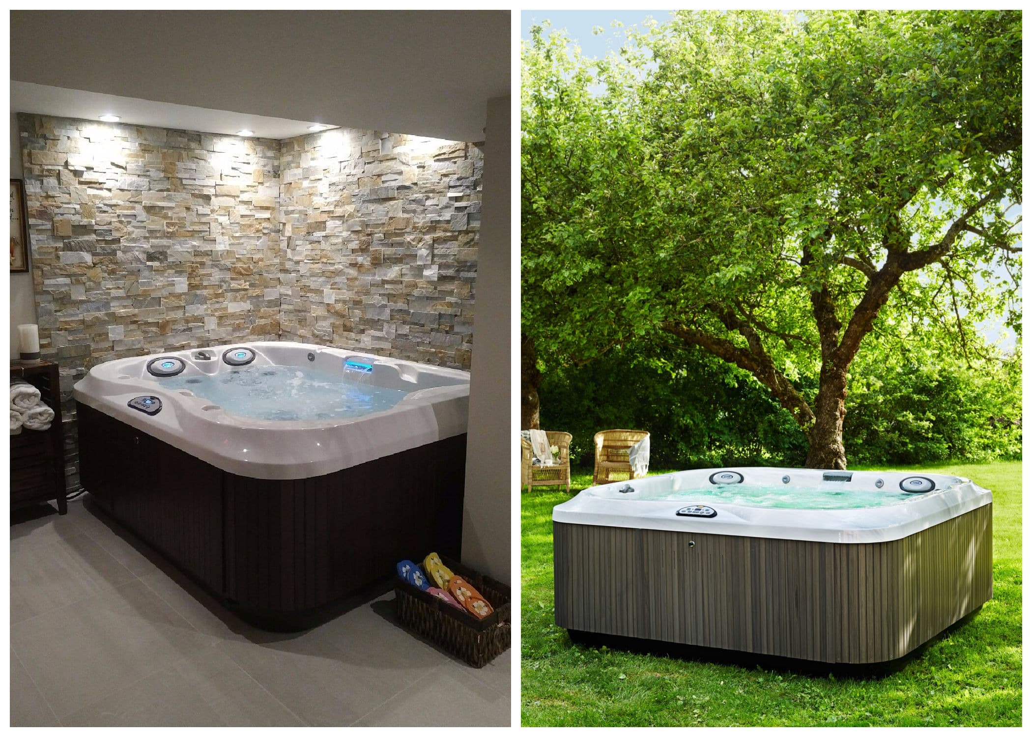 A Jacuzzi® hot tub on the left, placed indoor. A Jacuzzi® hot tub on the right, placed outdoors.